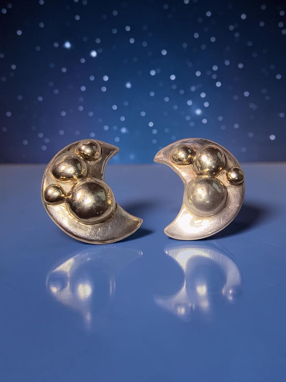 Large Signed Sterling Silver Modernist Artisan Moonburst Clip-on Earrings